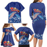 Hawaiian Sea Animals Family Matching Long Sleeve Bodycon Dress and Hawaiian Shirt Whales Shark and Turtle Guardians with Tribal Pattern