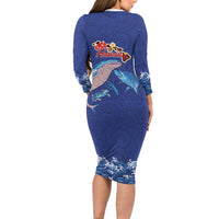 Hawaiian Sea Animals Family Matching Long Sleeve Bodycon Dress and Hawaiian Shirt Whales Shark and Turtle Guardians with Tribal Pattern