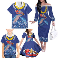 Hawaiian Sea Animals Family Matching Off The Shoulder Long Sleeve Dress and Hawaiian Shirt Whales Shark and Turtle Guardians with Tribal Pattern