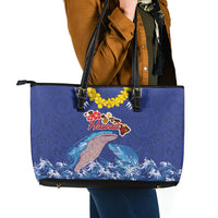 Hawaiian Sea Animals Leather Tote Bag Whales Shark and Turtle Guardians with Tribal Pattern LT03 - Polynesian Pride