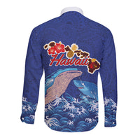 Hawaiian Sea Animals Long Sleeve Button Shirt Whales Shark and Turtle Guardians with Tribal Pattern LT03 - Polynesian Pride
