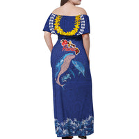 Hawaiian Sea Animals Off Shoulder Maxi Dress Whales Shark and Turtle Guardians with Tribal Pattern LT03 - Polynesian Pride