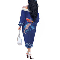Hawaiian Sea Animals Off The Shoulder Long Sleeve Dress Whales Shark and Turtle Guardians with Tribal Pattern LT03 - Polynesian Pride