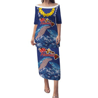 Hawaiian Sea Animals Puletasi Whales Shark and Turtle Guardians with Tribal Pattern LT03 Long Dress Blue - Polynesian Pride