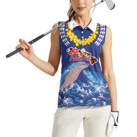Hawaiian Sea Animals Women Sleeveless Polo Shirt Whales Shark and Turtle Guardians with Tribal Pattern