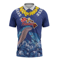 Hawaiian Sea Animals Zipper Polo Shirt Whales Shark and Turtle Guardians with Tribal Pattern LT03 Blue - Polynesian Pride