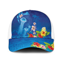 Fiji Jellyfish Baseball Net Cap Tapa Patterns and Hibiscus Sea Vibe LT03 One Size White Blue - Polynesian Pride