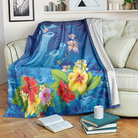 Fiji Jellyfish Blanket Tapa Patterns and Hibiscus Sea Vibe LT03 Blue - Polynesian Pride