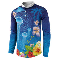 Fiji Jellyfish Button Sweatshirt Tapa Patterns and Hibiscus Sea Vibe LT03 - Polynesian Pride