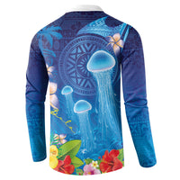 Fiji Jellyfish Button Sweatshirt Tapa Patterns and Hibiscus Sea Vibe LT03 - Polynesian Pride