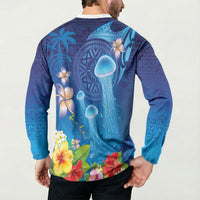 Fiji Jellyfish Button Sweatshirt Tapa Patterns and Hibiscus Sea Vibe LT03 - Polynesian Pride