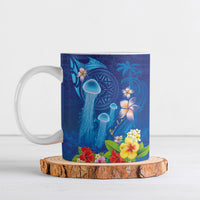 Fiji Jellyfish Ceramic Mug Tapa Patterns and Hibiscus Sea Vibe LT03 Blue - Polynesian Pride