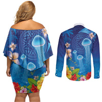 Fiji Jellyfish Couples Matching Off Shoulder Short Dress and Long Sleeve Button Shirt Tapa Patterns and Hibiscus Sea Vibe LT03 - Polynesian Pride
