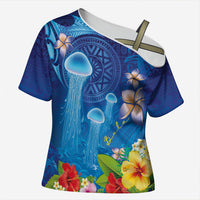 Fiji Jellyfish Cross Shoulder Shirt Tapa Patterns and Hibiscus Sea Vibe LT03 Female Blue - Polynesian Pride