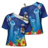 Fiji Jellyfish Cross Shoulder Shirt Tapa Patterns and Hibiscus Sea Vibe LT03 - Polynesian Pride