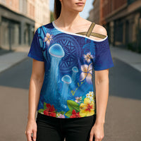 Fiji Jellyfish Cross Shoulder Shirt Tapa Patterns and Hibiscus Sea Vibe LT03 - Polynesian Pride