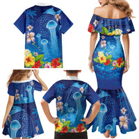 Fiji Jellyfish Family Matching Mermaid Dress and Hawaiian Shirt Tapa Patterns and Hibiscus Sea Vibe