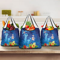 Fiji Jellyfish Grocery Bag Tapa Patterns and Hibiscus Sea Vibe LT03 3-pack One Size Blue - Polynesian Pride
