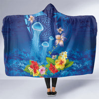 Fiji Jellyfish Hooded Blanket Tapa Patterns and Hibiscus Sea Vibe LT03 One Size Blue - Polynesian Pride