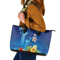 Fiji Jellyfish Leather Tote Bag Tapa Patterns and Hibiscus Sea Vibe LT03 Blue - Polynesian Pride