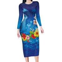 Fiji Jellyfish Long Sleeve Bodycon Dress Tapa Patterns and Hibiscus Sea Vibe LT03 Long Dress Blue - Polynesian Pride