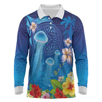 Fiji Jellyfish Long Sleeve Polo Shirt Tapa Patterns and Hibiscus Sea Vibe LT03 Blue - Polynesian Pride