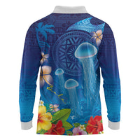 Fiji Jellyfish Long Sleeve Polo Shirt Tapa Patterns and Hibiscus Sea Vibe LT03 - Polynesian Pride