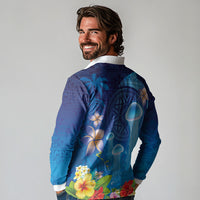 Fiji Jellyfish Long Sleeve Polo Shirt Tapa Patterns and Hibiscus Sea Vibe LT03 - Polynesian Pride