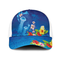 Fiji Jellyfish Mesh Trucker Cap Tapa Patterns and Hibiscus Sea Vibe LT03 One Size White Blue - Polynesian Pride