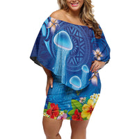 Fiji Jellyfish Off Shoulder Short Dress Tapa Patterns and Hibiscus Sea Vibe LT03 Women Blue - Polynesian Pride