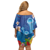 Fiji Jellyfish Off Shoulder Short Dress Tapa Patterns and Hibiscus Sea Vibe LT03 - Polynesian Pride