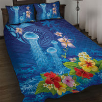 Fiji Jellyfish Quilt Bed Set Tapa Patterns and Hibiscus Sea Vibe LT03 Blue - Polynesian Pride