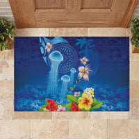 Fiji Jellyfish Rubber Doormat Tapa Patterns and Hibiscus Sea Vibe LT03 Blue - Polynesian Pride