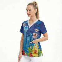 Fiji Jellyfish Scrub Top Tapa Patterns and Hibiscus Sea Vibe LT03 - Polynesian Pride