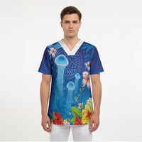 Fiji Jellyfish Scrub Top Tapa Patterns and Hibiscus Sea Vibe LT03 - Polynesian Pride