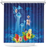 Fiji Jellyfish Shower Curtain Tapa Patterns and Hibiscus Sea Vibe LT03 Blue - Polynesian Pride