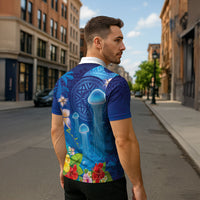 Fiji Jellyfish Zipper Polo Shirt Tapa Patterns and Hibiscus Sea Vibe LT03 - Polynesian Pride