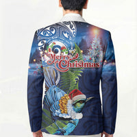 New Zealand Merry Christmas Blazer Maori Tribal Pattern with Xmas Tui Bird
