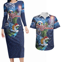 New Zealand Merry Christmas Couples Matching Long Sleeve Bodycon Dress and Hawaiian Shirt Maori Tribal Pattern with Xmas Tui Bird LT03 Multicolor - Polynesian Pride