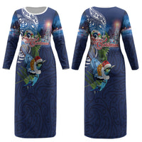 New Zealand Merry Christmas Couples Matching Long Sleeve Bodycon Dress and Hawaiian Shirt Maori Tribal Pattern with Xmas Tui Bird LT03
