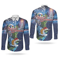 New Zealand Merry Christmas Couples Matching Long Sleeve Bodycon Dress and Long Sleeve Button Shirt Maori Tribal Pattern with Xmas Tui Bird LT03 - Polynesian Pride