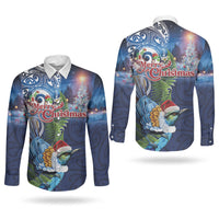 New Zealand Merry Christmas Couples Matching Off Shoulder Maxi Dress and Long Sleeve Button Shirt Maori Tribal Pattern with Xmas Tui Bird LT03 - Polynesian Pride