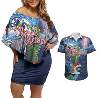 New Zealand Merry Christmas Couples Matching Off Shoulder Short Dress and Hawaiian Shirt Maori Tribal Pattern with Xmas Tui Bird LT03 Multicolor - Polynesian Pride