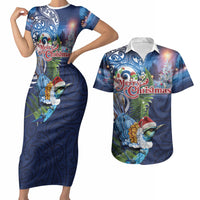 New Zealand Merry Christmas Couples Matching Short Sleeve Bodycon Dress and Hawaiian Shirt Maori Tribal Pattern with Xmas Tui Bird LT03 Multicolor - Polynesian Pride