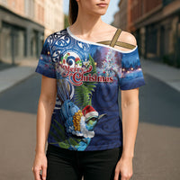 New Zealand Merry Christmas Cross Shoulder Shirt Maori Tribal Pattern with Xmas Tui Bird
