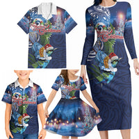 New Zealand Merry Christmas Family Matching Long Sleeve Bodycon Dress and Hawaiian Shirt Maori Tribal Pattern with Xmas Tui Bird LT03 - Polynesian Pride