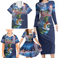 New Zealand Merry Christmas Family Matching Long Sleeve Bodycon Dress and Hawaiian Shirt Maori Tribal Pattern with Xmas Tui Bird LT03 - Polynesian Pride