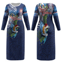 New Zealand Merry Christmas Family Matching Long Sleeve Bodycon Dress and Hawaiian Shirt Maori Tribal Pattern with Xmas Tui Bird LT03 - Polynesian Pride