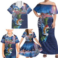 New Zealand Merry Christmas Family Matching Off Shoulder Maxi Dress and Hawaiian Shirt Maori Tribal Pattern with Xmas Tui Bird LT03 - Polynesian Pride