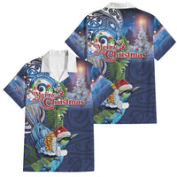 New Zealand Merry Christmas Family Matching Off Shoulder Maxi Dress and Hawaiian Shirt Maori Tribal Pattern with Xmas Tui Bird LT03 Dad's Shirt - Short Sleeve Multicolor - Polynesian Pride